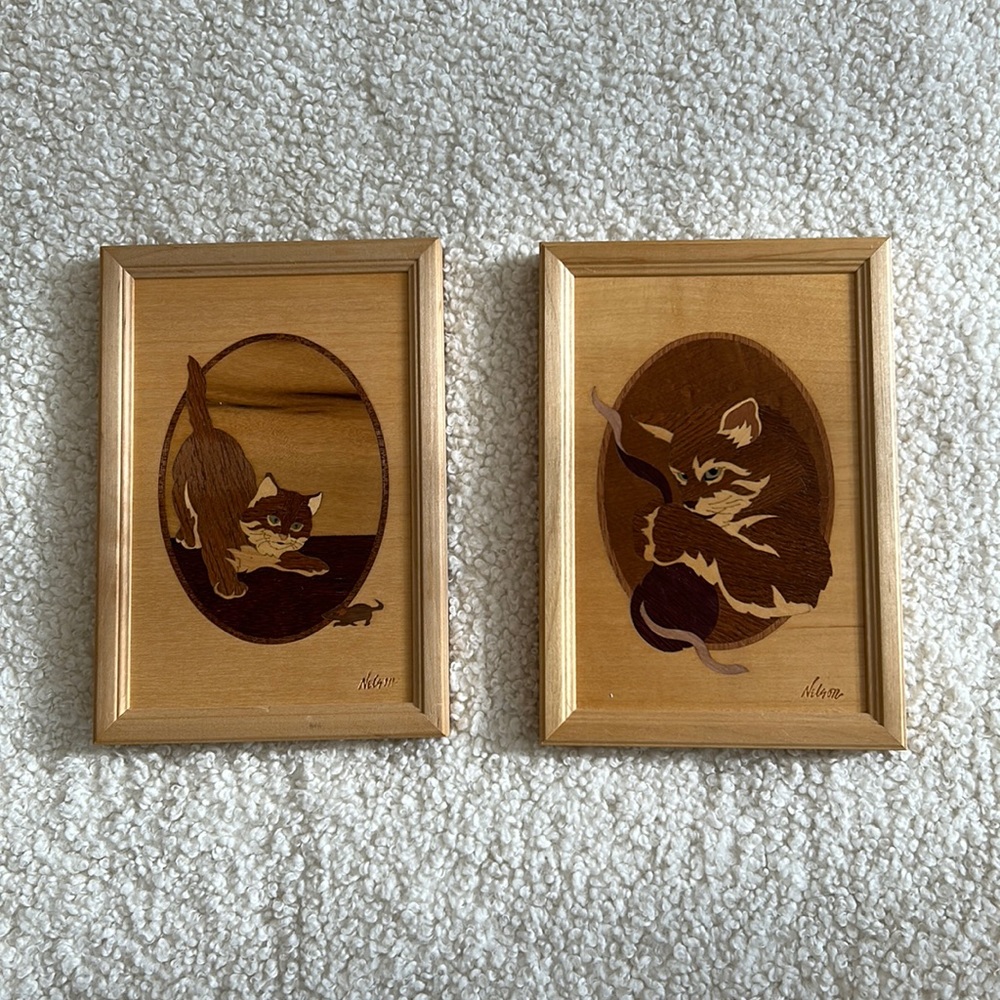 Hudson River Inlay wood marquetry art set. “A Better Mousetrap”,”Miss Mischief”.